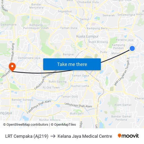 LRT Cempaka (Aj219) to Kelana Jaya Medical Centre map