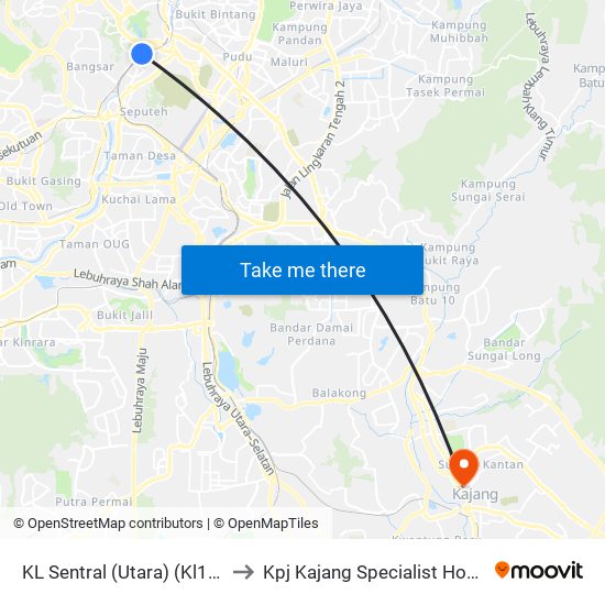 KL Sentral (Utara) (Kl1077) to Kpj Kajang Specialist Hospital map
