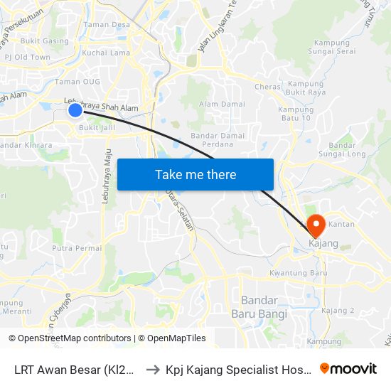 LRT Awan Besar (Kl2324) to Kpj Kajang Specialist Hospital map