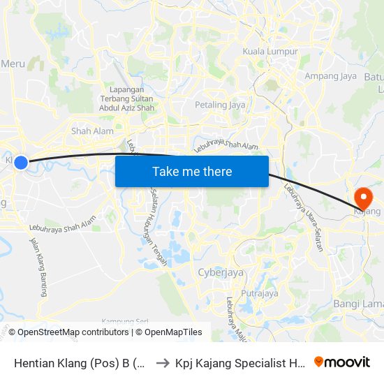 Hentian Klang (Pos) B (Bd664) to Kpj Kajang Specialist Hospital map