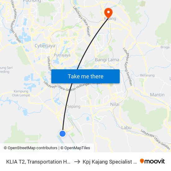 KLIA T2, Transportation Hub Level 1 to Kpj Kajang Specialist Hospital map