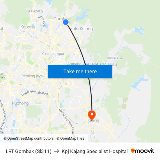 LRT Gombak (Sl311) to Kpj Kajang Specialist Hospital map