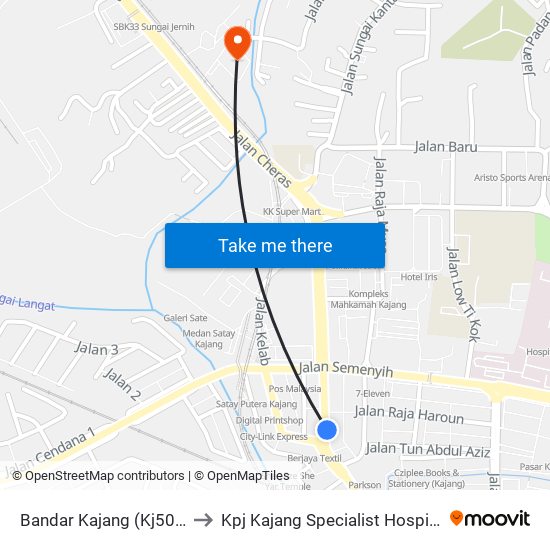 Bandar Kajang (Kj508) to Kpj Kajang Specialist Hospital map