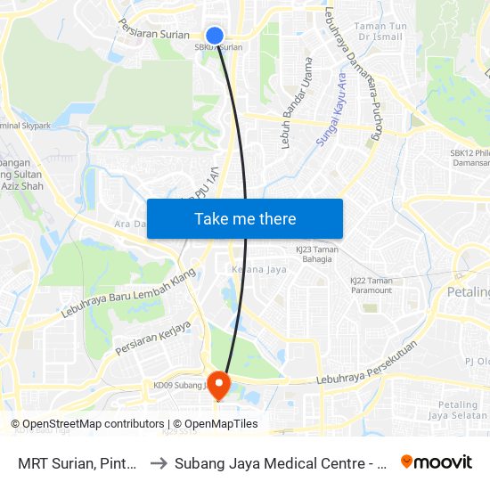 MRT Surian, Pintu B (Pj368) to Subang Jaya Medical Centre - Outpatient Centre map