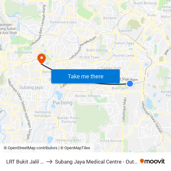 LRT Bukit Jalil (Kl149) to Subang Jaya Medical Centre - Outpatient Centre map