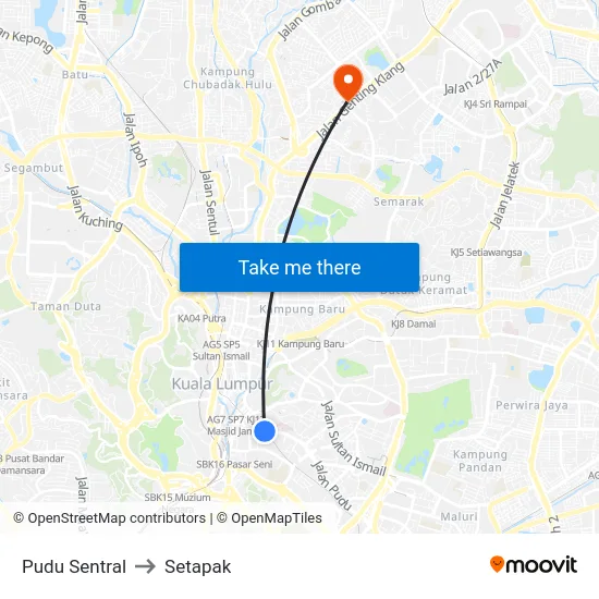 Pudu Sentral to Setapak map