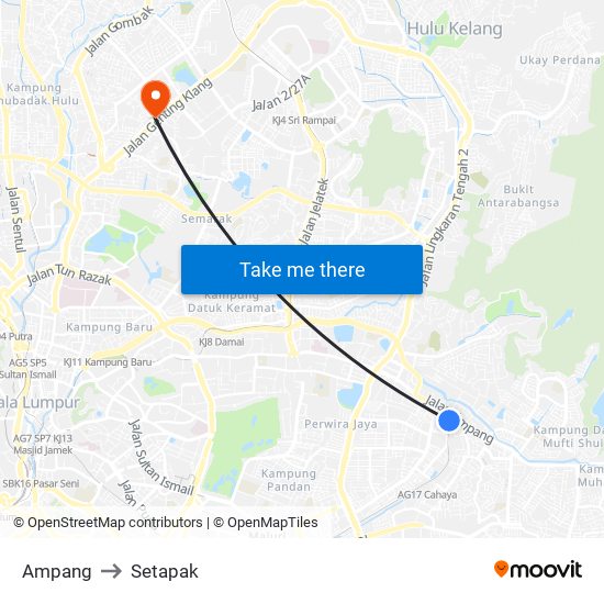 Ampang to Setapak map