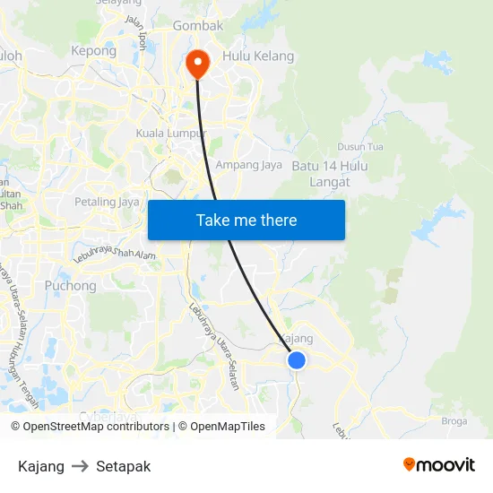 Kajang to Setapak map