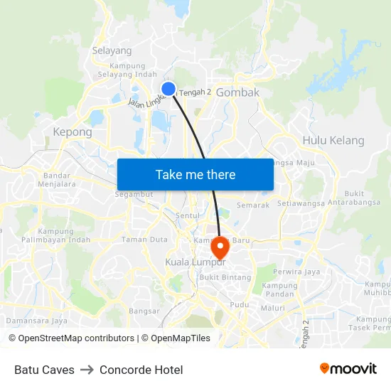 Batu Caves to Concorde Hotel map