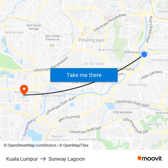 Kuala Lumpur to Sunway Lagoon map