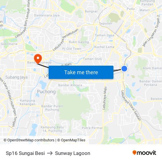 Sp16 Sungai Besi to Sunway Lagoon map