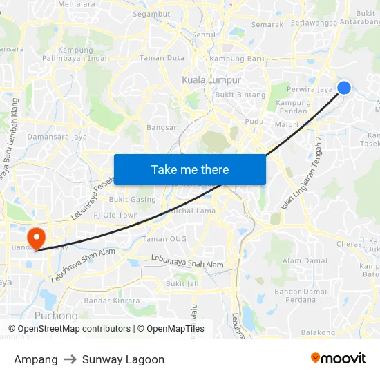 Ampang to Sunway Lagoon map