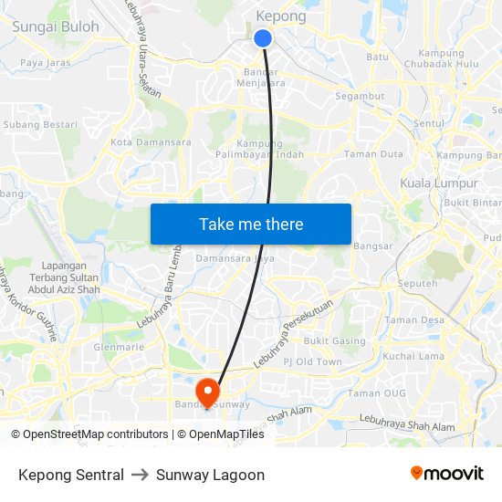 Kepong Sentral to Sunway Lagoon map