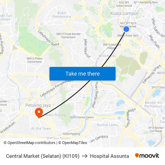 Central Market (Selatan) (Kl109) to Hospital Assunta map