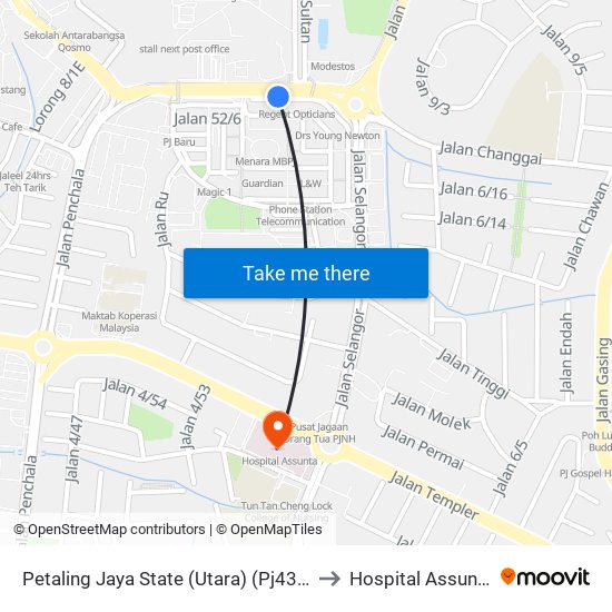 Petaling Jaya State (Utara) (Pj433) to Hospital Assunta map
