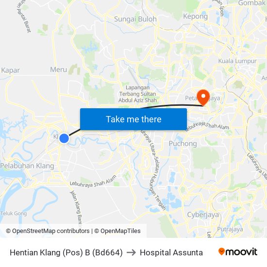 Hentian Klang (Pos) B (Bd664) to Hospital Assunta map