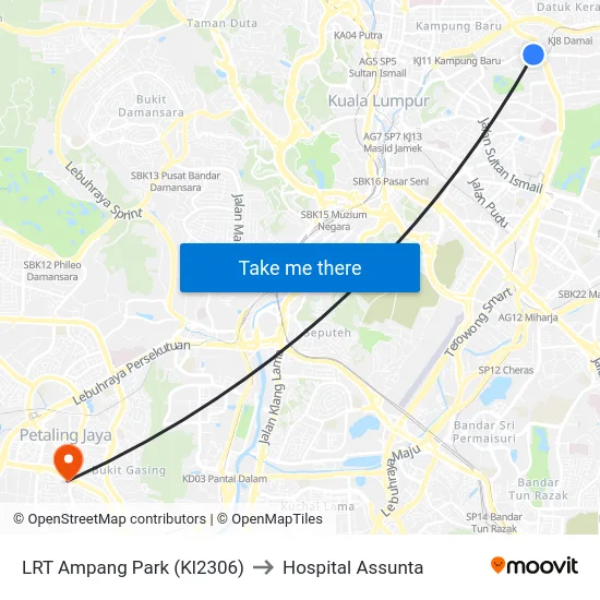 LRT Ampang Park (Kl2306) to Hospital Assunta map