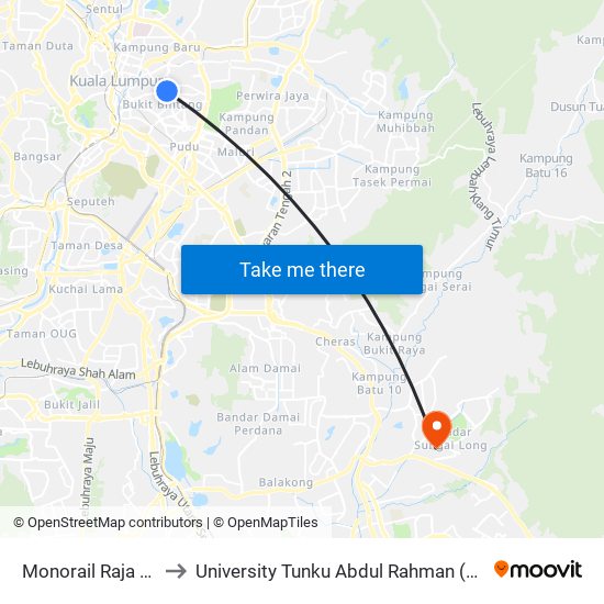 Monorail Raja Chulan (Kl22) to University Tunku Abdul Rahman (Utar) Sungai Long Campus map