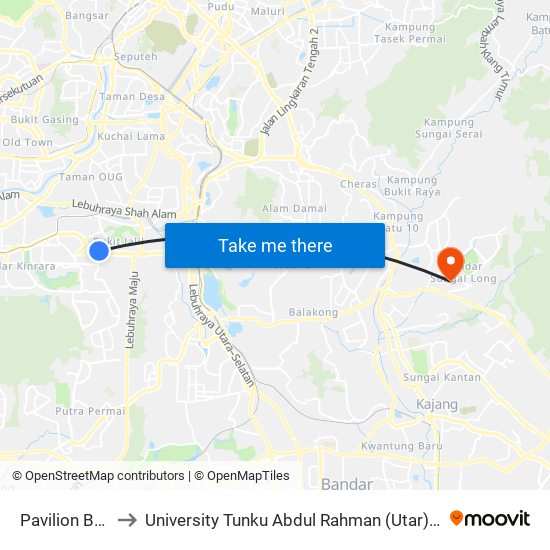 Pavilion Bukit Jalil to University Tunku Abdul Rahman (Utar) Sungai Long Campus map