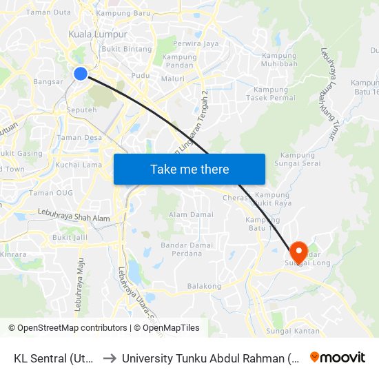 KL Sentral (Utara) (Kl1077) to University Tunku Abdul Rahman (Utar) Sungai Long Campus map