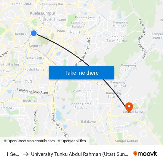 1 Sentral to University Tunku Abdul Rahman (Utar) Sungai Long Campus map