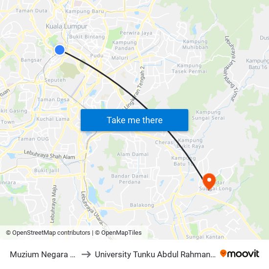 Muzium Negara (Timur) (Kl1120) to University Tunku Abdul Rahman (Utar) Sungai Long Campus map