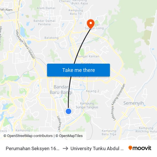 Perumahan Seksyen 16 Bandar Baru Bangi (Utara) (Kj514) to University Tunku Abdul Rahman (Utar) Sungai Long Campus map