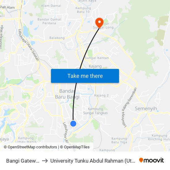 Bangi Gateway (Kj255) to University Tunku Abdul Rahman (Utar) Sungai Long Campus map