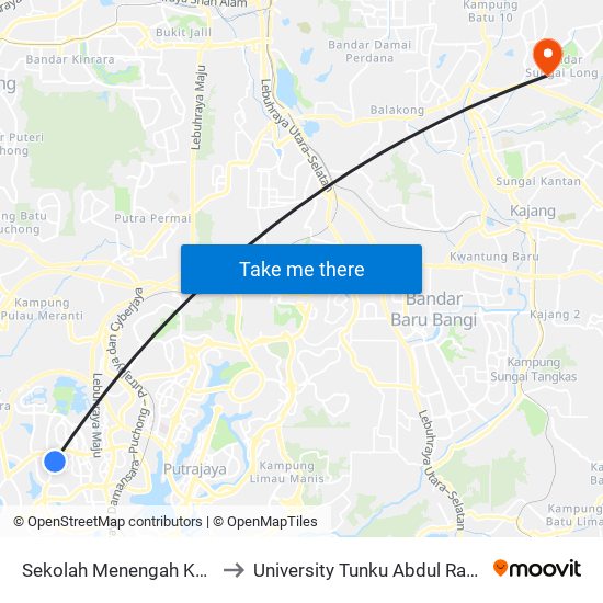 Sekolah Menengah Kebangsaan Cyberjaya (Sp80) to University Tunku Abdul Rahman (Utar) Sungai Long Campus map