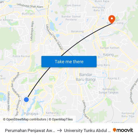 Perumahan Penjawat Awam Fasa 8 Presint 9 (Selatan) (Ppj158) to University Tunku Abdul Rahman (Utar) Sungai Long Campus map