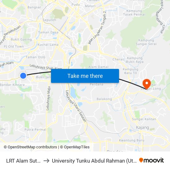 LRT Alam Sutera (Sj362) to University Tunku Abdul Rahman (Utar) Sungai Long Campus map