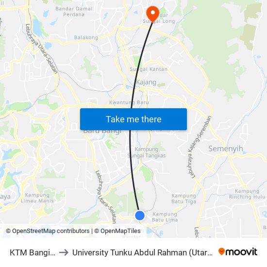 KTM Bangi (Kj541) to University Tunku Abdul Rahman (Utar) Sungai Long Campus map