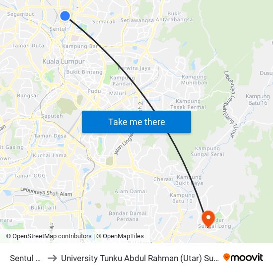 Sentul Timur to University Tunku Abdul Rahman (Utar) Sungai Long Campus map