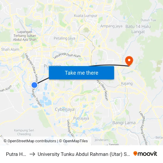 Putra Heights to University Tunku Abdul Rahman (Utar) Sungai Long Campus map
