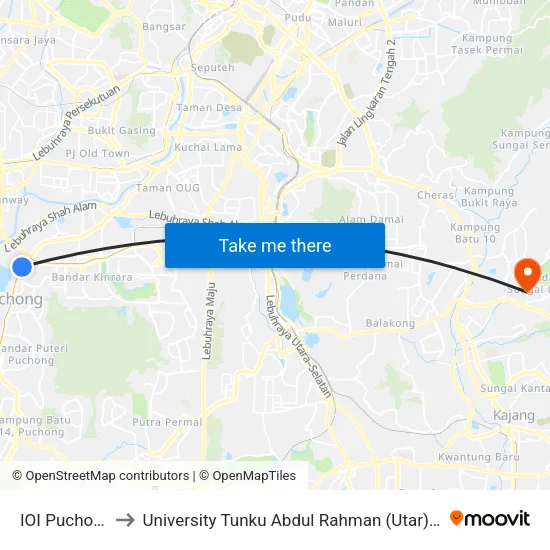 IOI Puchong Jaya to University Tunku Abdul Rahman (Utar) Sungai Long Campus map