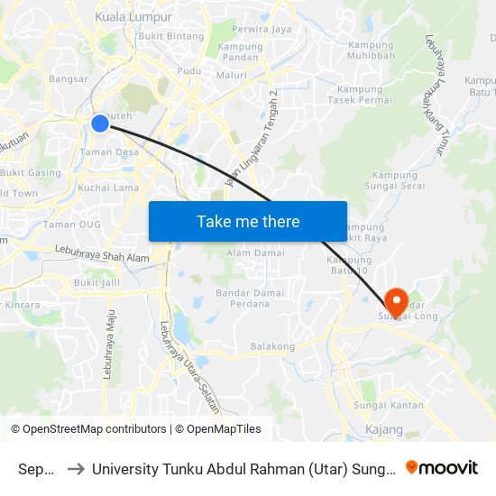 Seputeh to University Tunku Abdul Rahman (Utar) Sungai Long Campus map