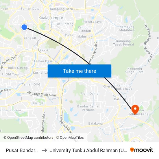 Pusat Bandar Damansara to University Tunku Abdul Rahman (Utar) Sungai Long Campus map