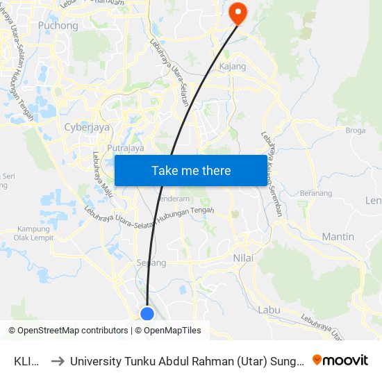 KLIA T1 to University Tunku Abdul Rahman (Utar) Sungai Long Campus map