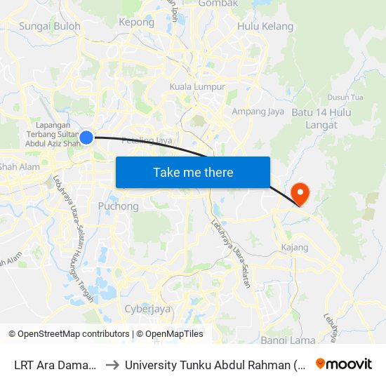 LRT Ara Damansara (Pj610) to University Tunku Abdul Rahman (Utar) Sungai Long Campus map