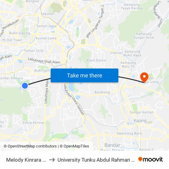 Melody Kinrara (Barat) (Sj122) to University Tunku Abdul Rahman (Utar) Sungai Long Campus map