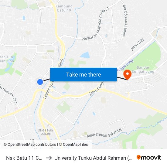 Nsk Batu 11 Cheras (Kj340) to University Tunku Abdul Rahman (Utar) Sungai Long Campus map