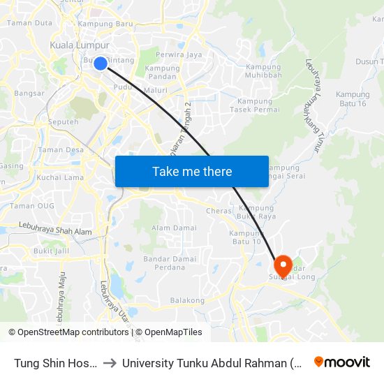 Tung Shin Hospital (Kl119) to University Tunku Abdul Rahman (Utar) Sungai Long Campus map