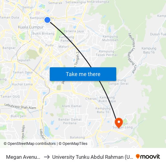 Megan Avenue 2 (Kl1945) to University Tunku Abdul Rahman (Utar) Sungai Long Campus map