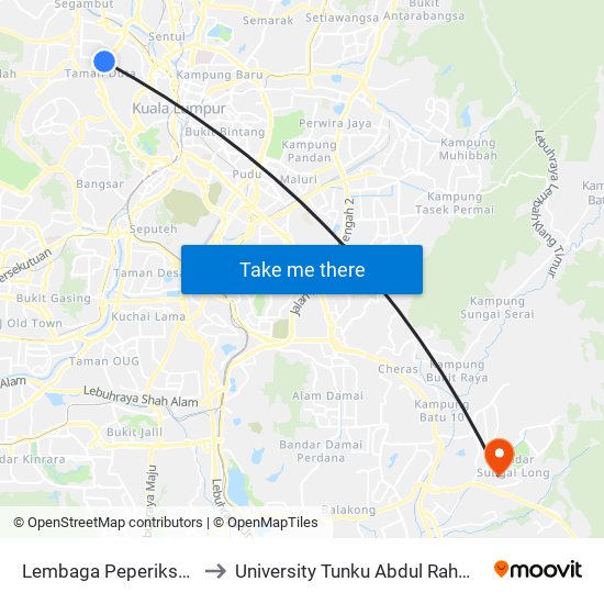 Lembaga Peperiksaan Malaysia (Kl1015) to University Tunku Abdul Rahman (Utar) Sungai Long Campus map