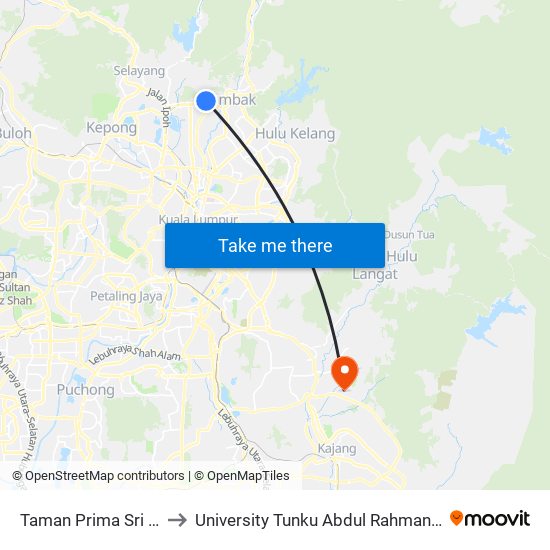 Taman Prima Sri Gombak (Sl222) to University Tunku Abdul Rahman (Utar) Sungai Long Campus map