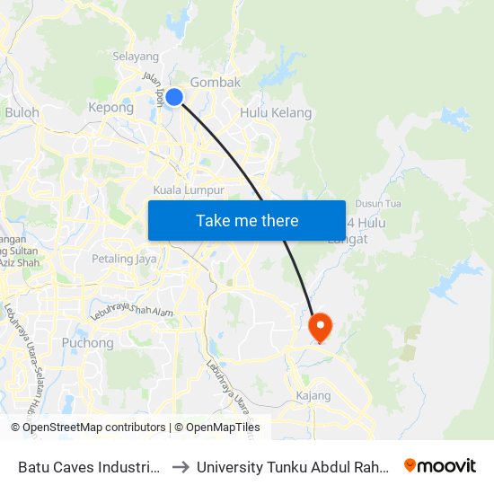 Batu Caves Industrial Park 8 (Barat) (Kl629) to University Tunku Abdul Rahman (Utar) Sungai Long Campus map