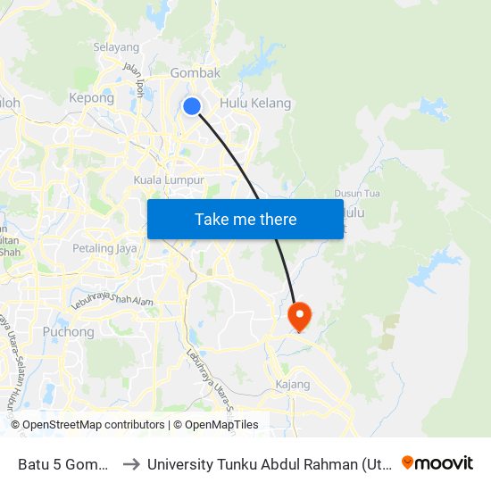 Batu 5 Gombak (Kl904) to University Tunku Abdul Rahman (Utar) Sungai Long Campus map