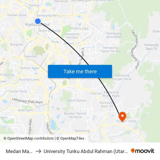 Medan Mara (Kl40) to University Tunku Abdul Rahman (Utar) Sungai Long Campus map