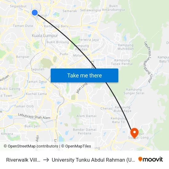 Riverwalk Village (Kl580) to University Tunku Abdul Rahman (Utar) Sungai Long Campus map