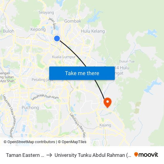 Taman Eastern (Opp) (Kl586) to University Tunku Abdul Rahman (Utar) Sungai Long Campus map